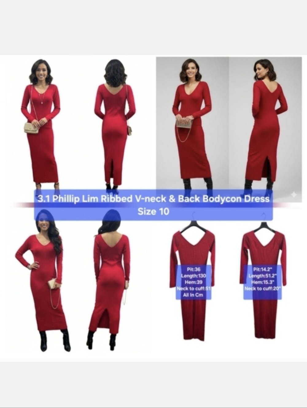 3.1 Phillip Lim Ribbed V-neck & Back Bodycon Dress Size 10